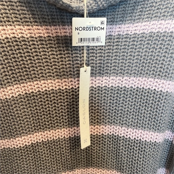 Caslon Shaker Knit Mock Neck Sweater in Grey and Pink Stripes Small NWT - Picture 5 of 7